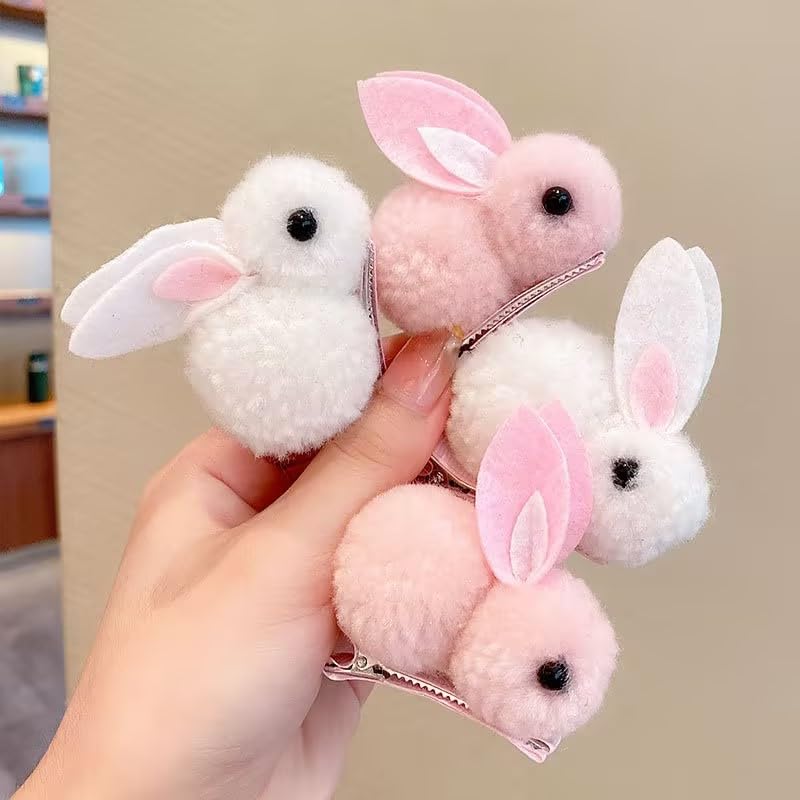 4Pcs White and Pink Plush Bunny Hair Clips, Cute Bunny Hair Claw